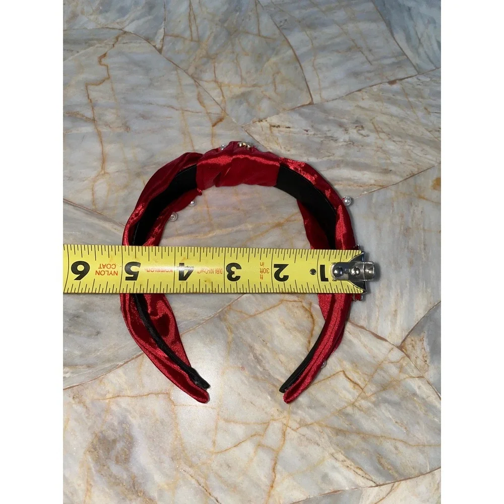 Red Satin Knotted Headband Faux Pearl Candy Cane Christmas Holiday‎ Charms Wide